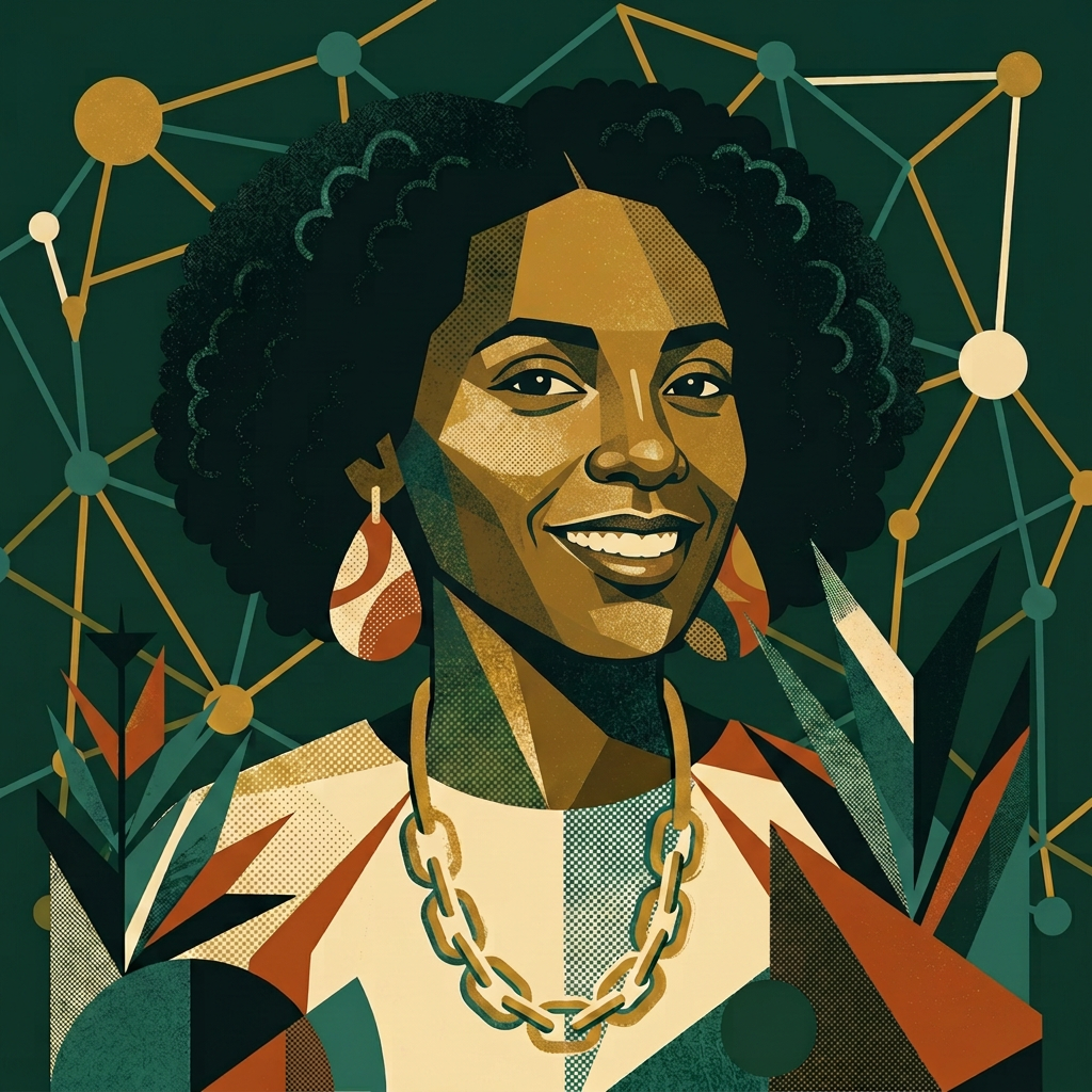 Illustrated portrait of Asha Haji, founder and CEO of StayReady Games